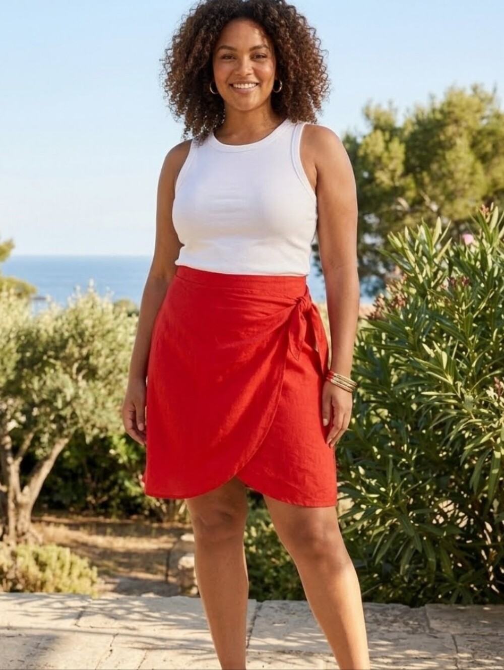 Ellen Tracy Red Knot-Accent Linen Wrap Mini Skirt Sz XL